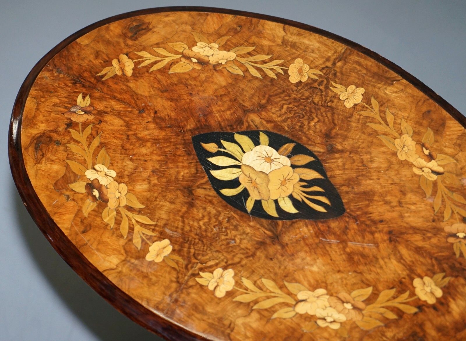 Victorian Walnut & Marquetry Inlaid Tilt Top Oval Side Table Bulbous Pedestal photo buy