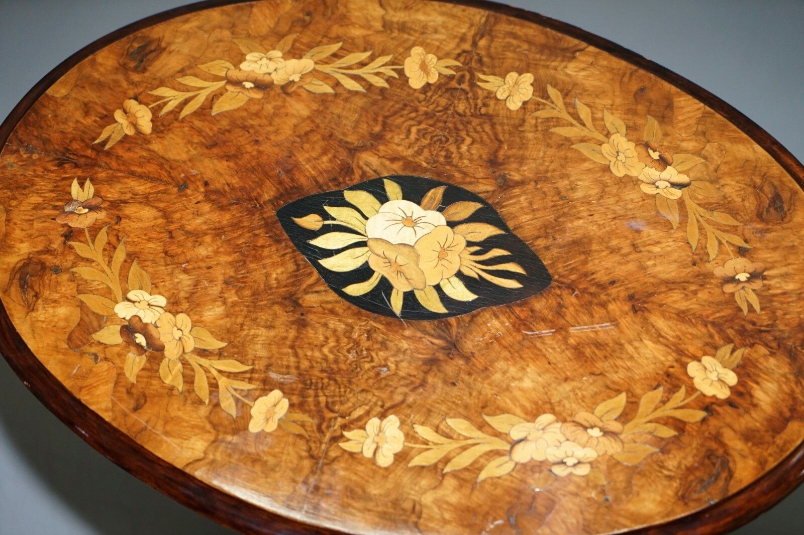 Victorian Walnut & Marquetry Inlaid Tilt Top Oval Side Table Bulbous Pedestal photo vintage