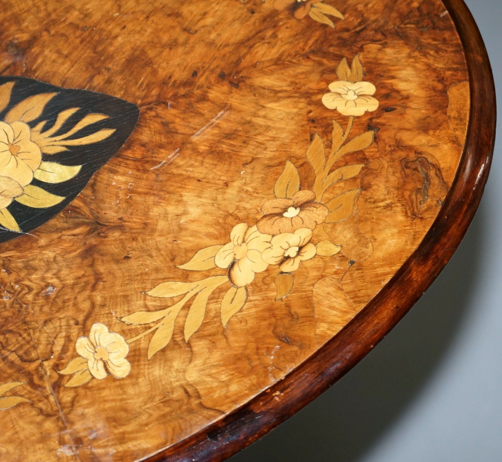 photo for sale Victorian Walnut & Marquetry Inlaid Tilt Top Oval Side Table Bulbous Pedestal