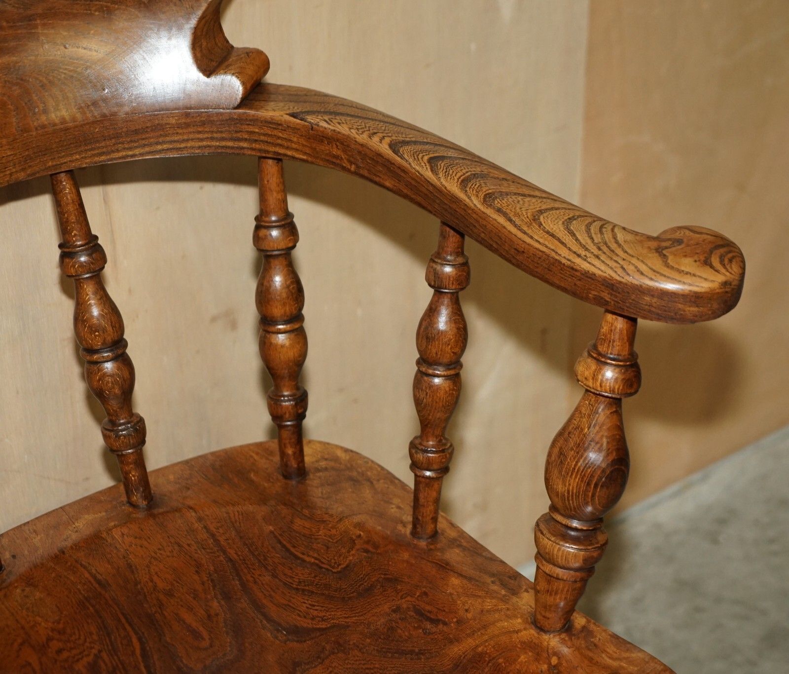 Stunning Patina Antique Edwardian Sold Elm Bow Back Smokers Captains Armchair photo buy