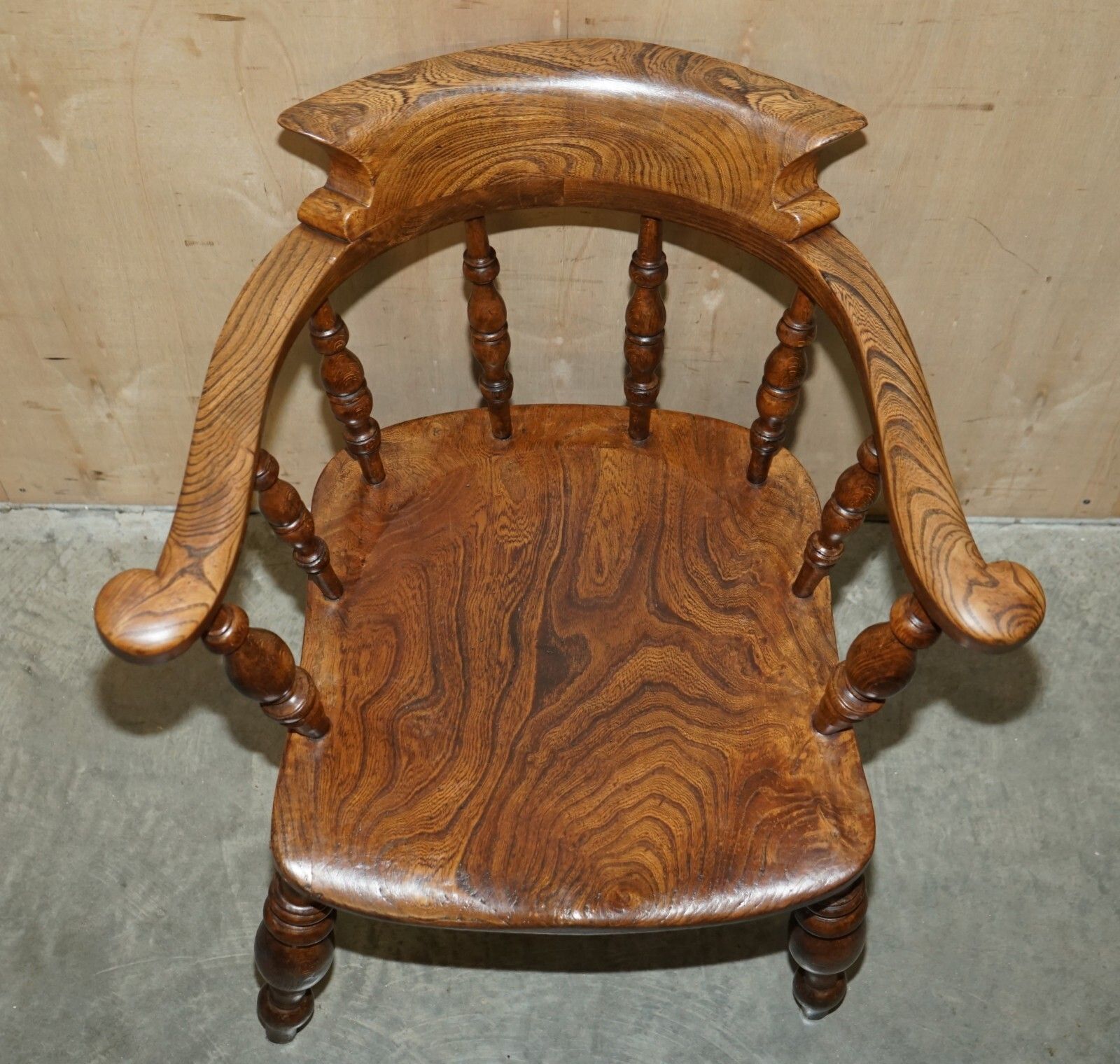 Furniture Stunning Patina Antique Edwardian Sold Elm Bow Back Smokers Captains Armchair photo