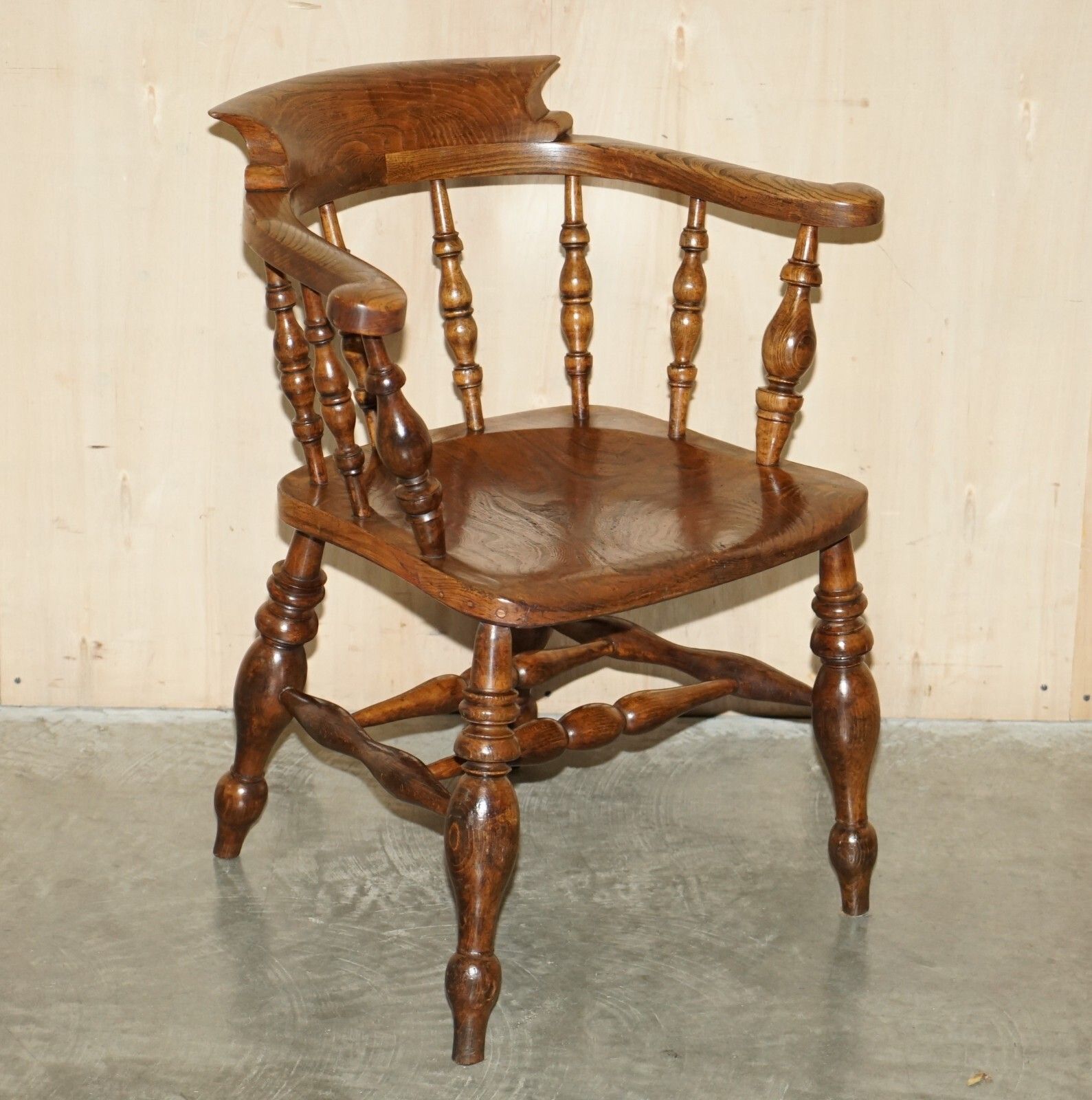 Decorative Patina Antique Edwardian Sold Elm Bow Back Smokers Captains Armchair photo furniture