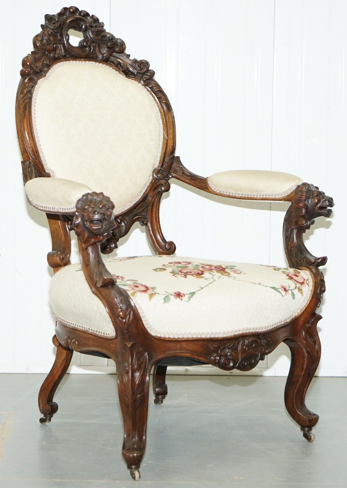 Victorian Show Frame Lion Carved Walnut Salon Armchair Embroidered Upholstery photo furniture
