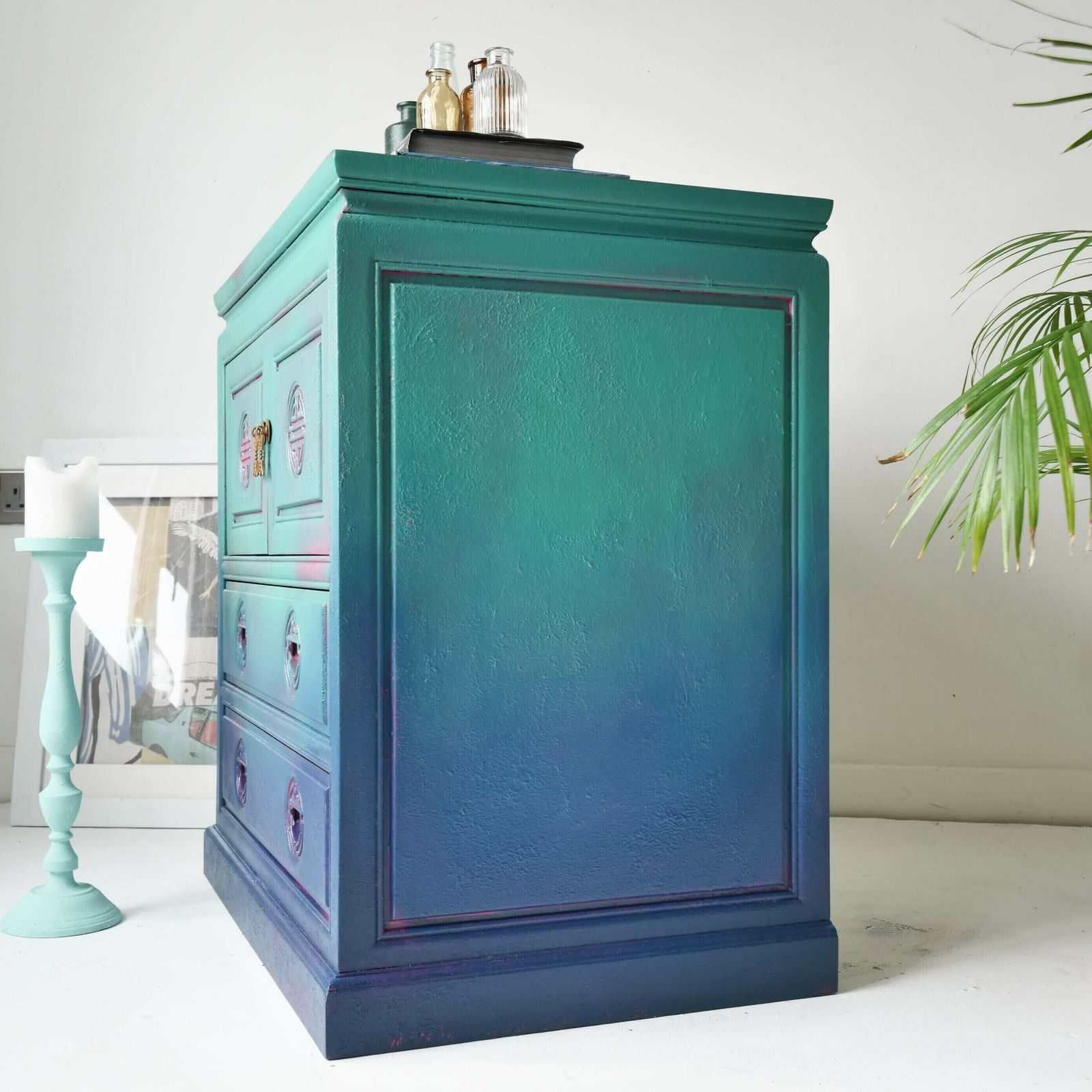 Bohemian Tv Stand Cabinet  Hand Painted  Livingroom Furniture Bedroom  Blue  Green  Pink  Bespoke  Peacock  Teal Boho photo furniture