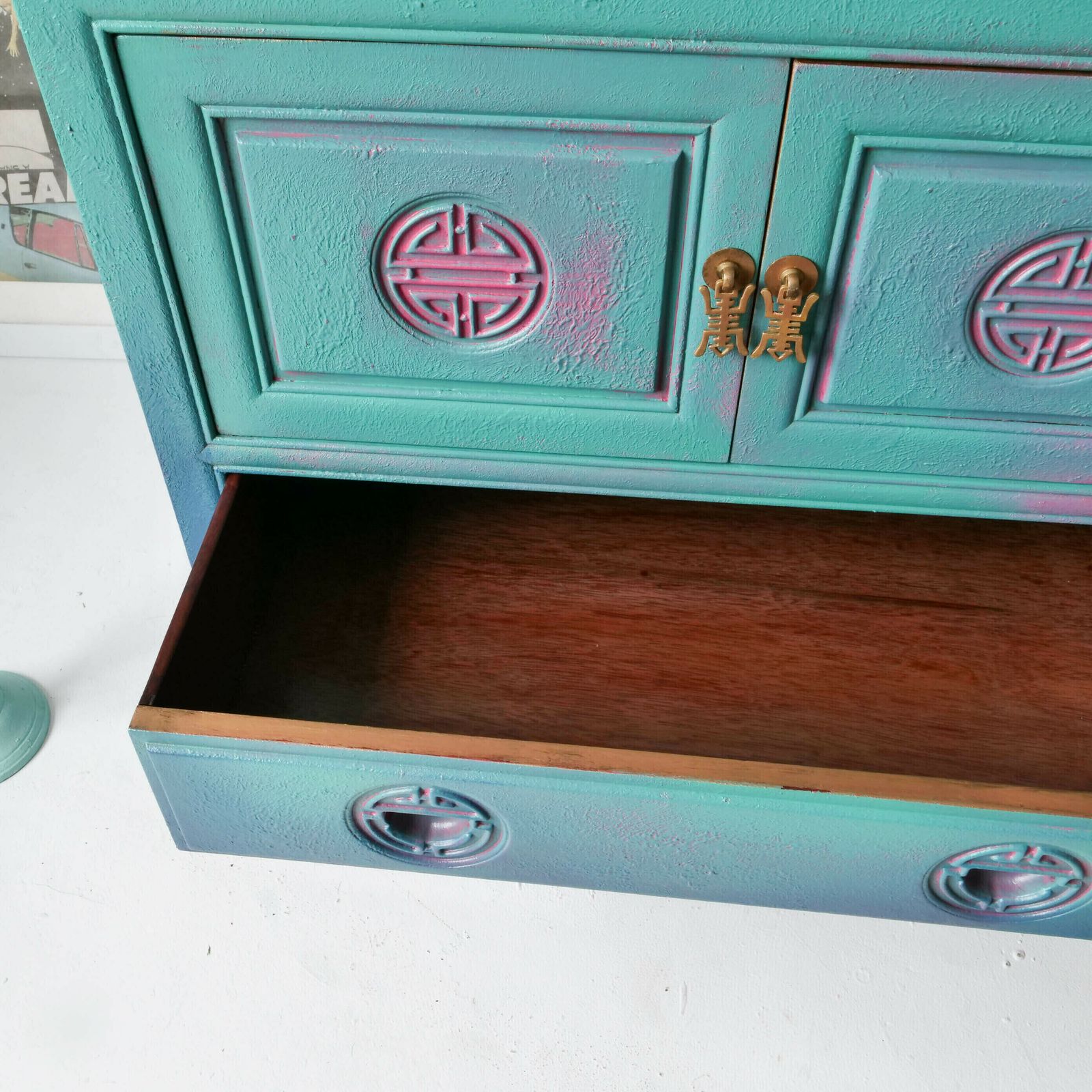 photo furniture Bohemian Tv Stand Cabinet  Hand Painted  Livingroom Furniture Bedroom  Blue  Green  Pink  Bespoke  Peacock  Teal Boho