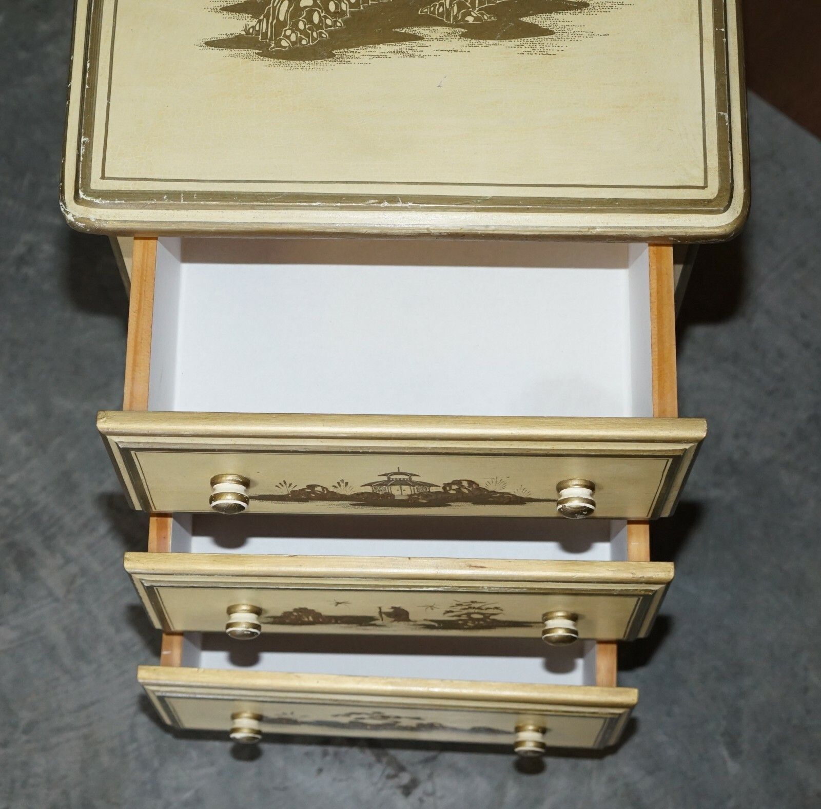 Pair Of Vintage Oriental Chinese Cream & Gold Leaf Painted Bedside Table Drawers photo vintage