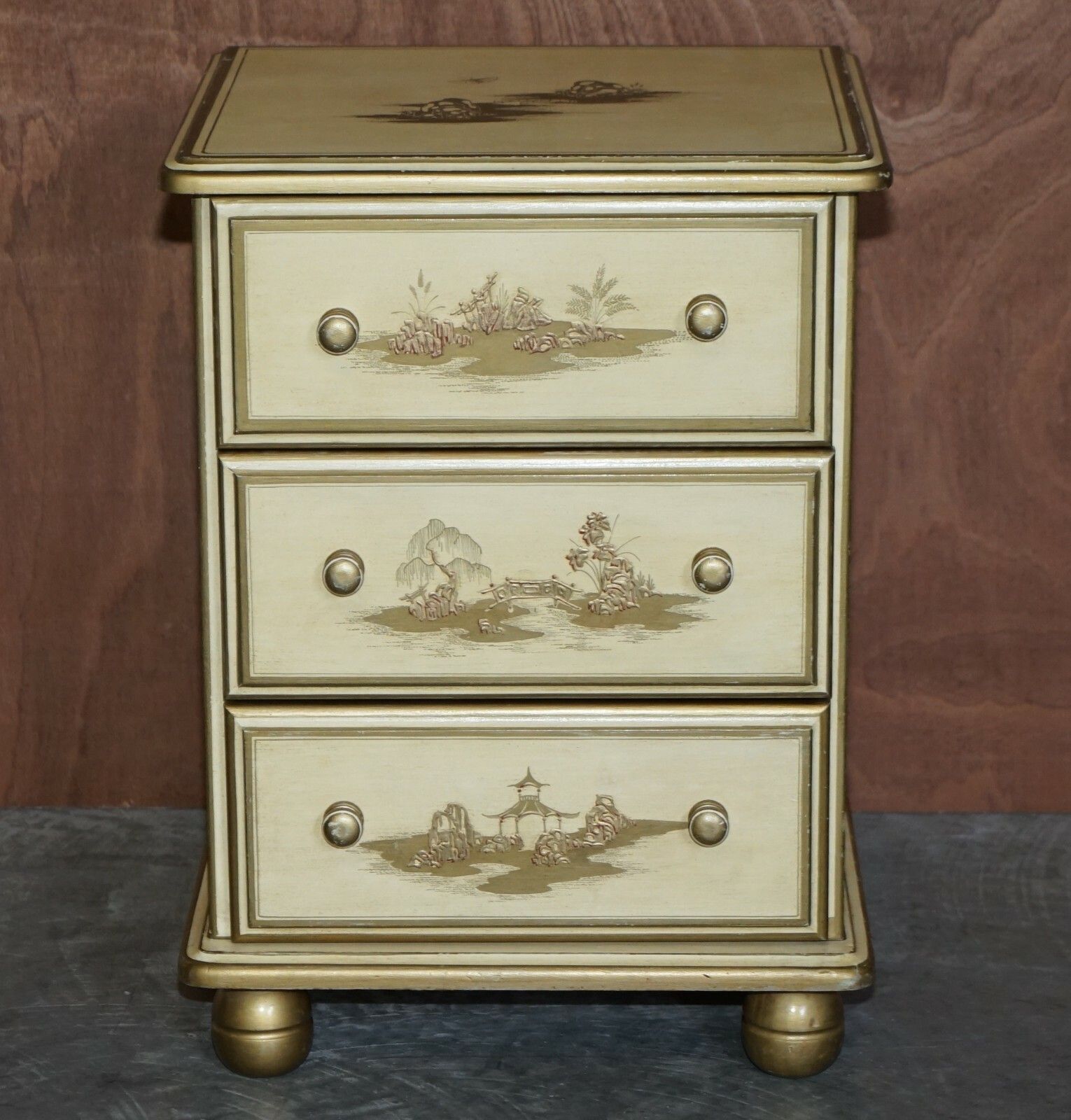 photo for sale Pair Of Vintage Oriental Chinese Cream & Gold Leaf Painted Bedside Table Drawers
