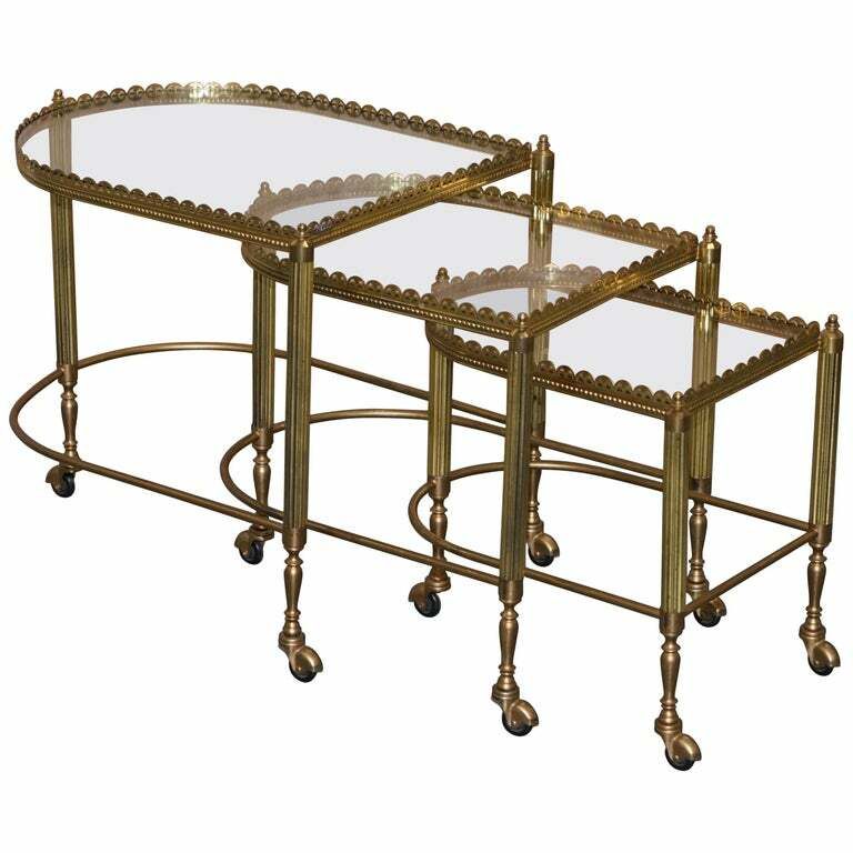 Nest Of Three Brass & Glass Trolley Tables By Maison Bagues France Mid Century