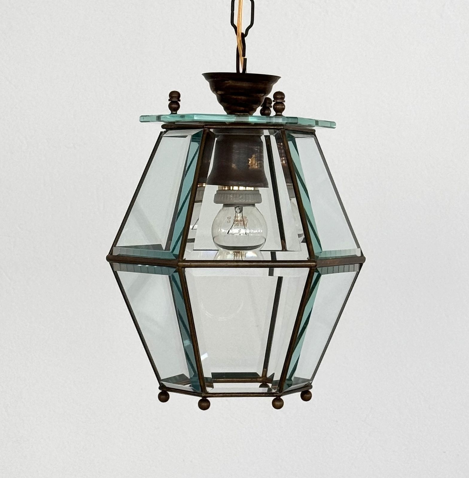 Italian Midcentury Brass And Cut Glass Lantern Or Pendant Lamp, 1960s photo for sale
