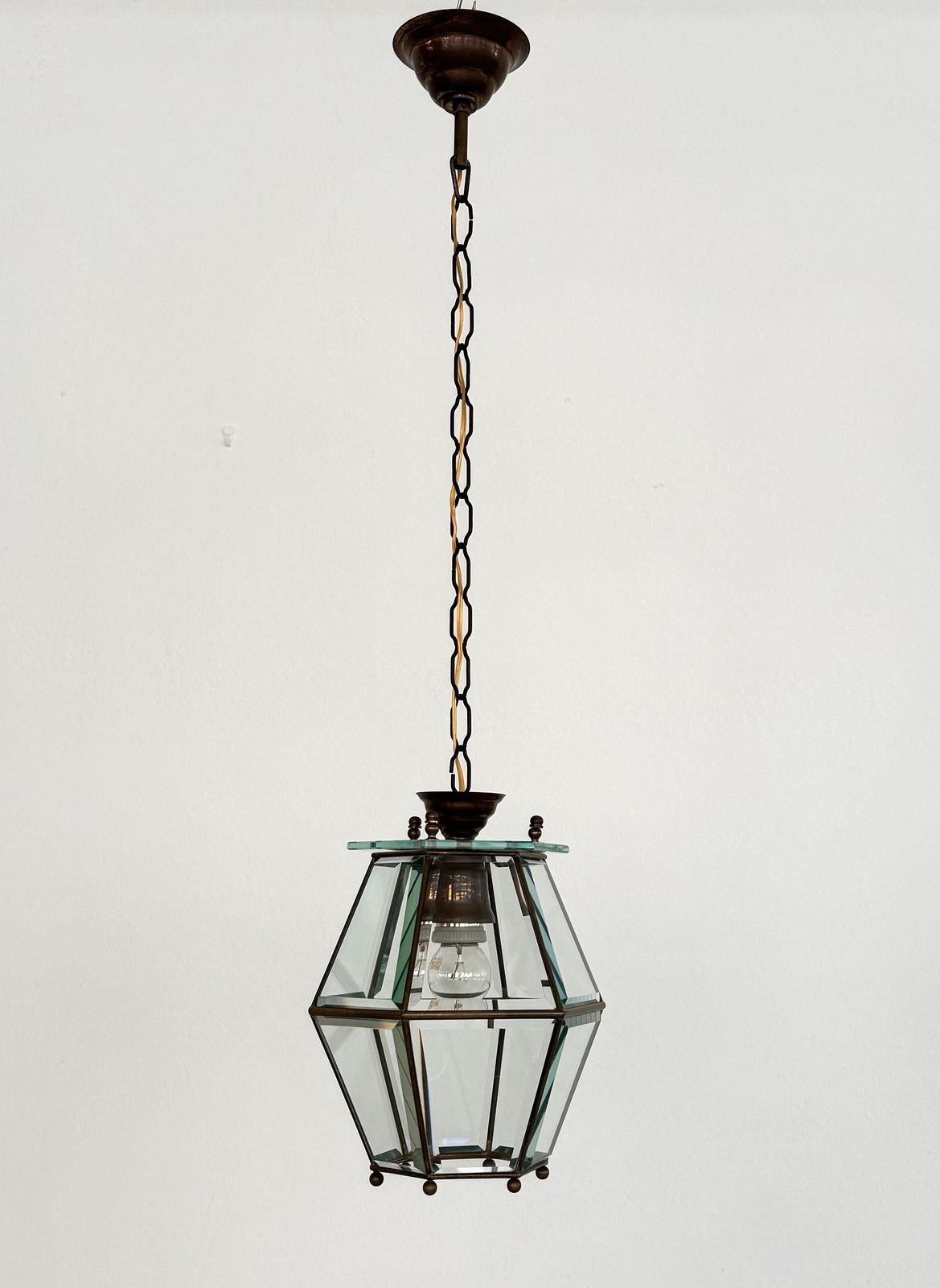 Italian Midcentury Brass And Cut Glass Lantern Or Pendant Lamp, 1960s photo vintage
