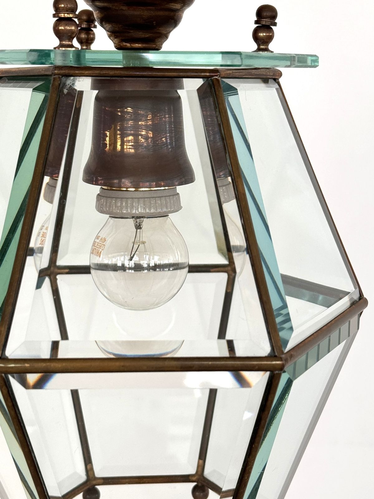 photo for sale Italian Midcentury Brass And Cut Glass Lantern Or Pendant Lamp, 1960s