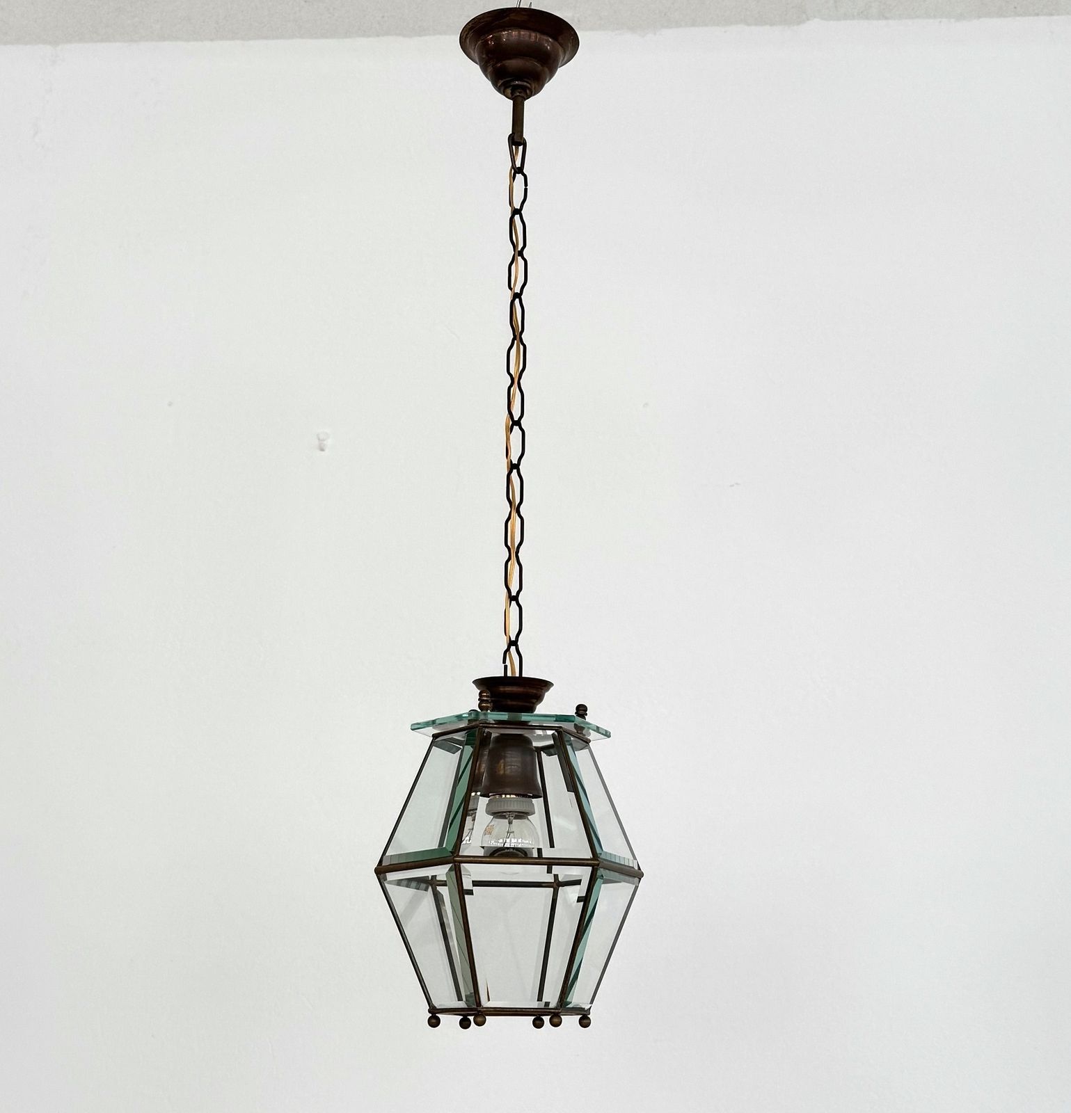 photo vinterior Italian Midcentury Brass And Cut Glass Lantern Or Pendant Lamp, 1960s