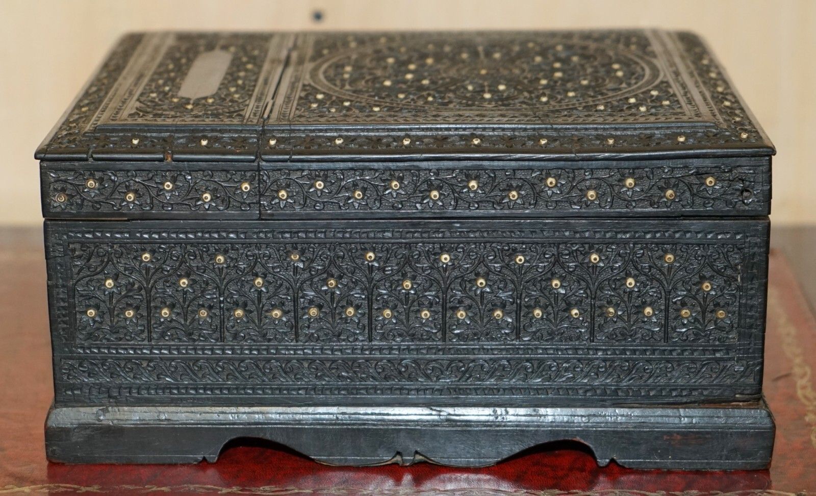 photo vintage Antique Circa 1880 Burmese Hand Carved Sewing Box With The Original Contents