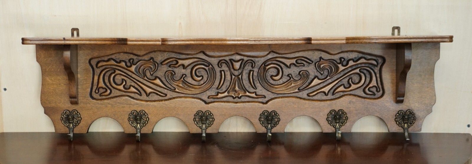 Antique Dutch Finely Carved Oak Coat Hat Scarf Wall Rack Hanger French Hooks photo furniture