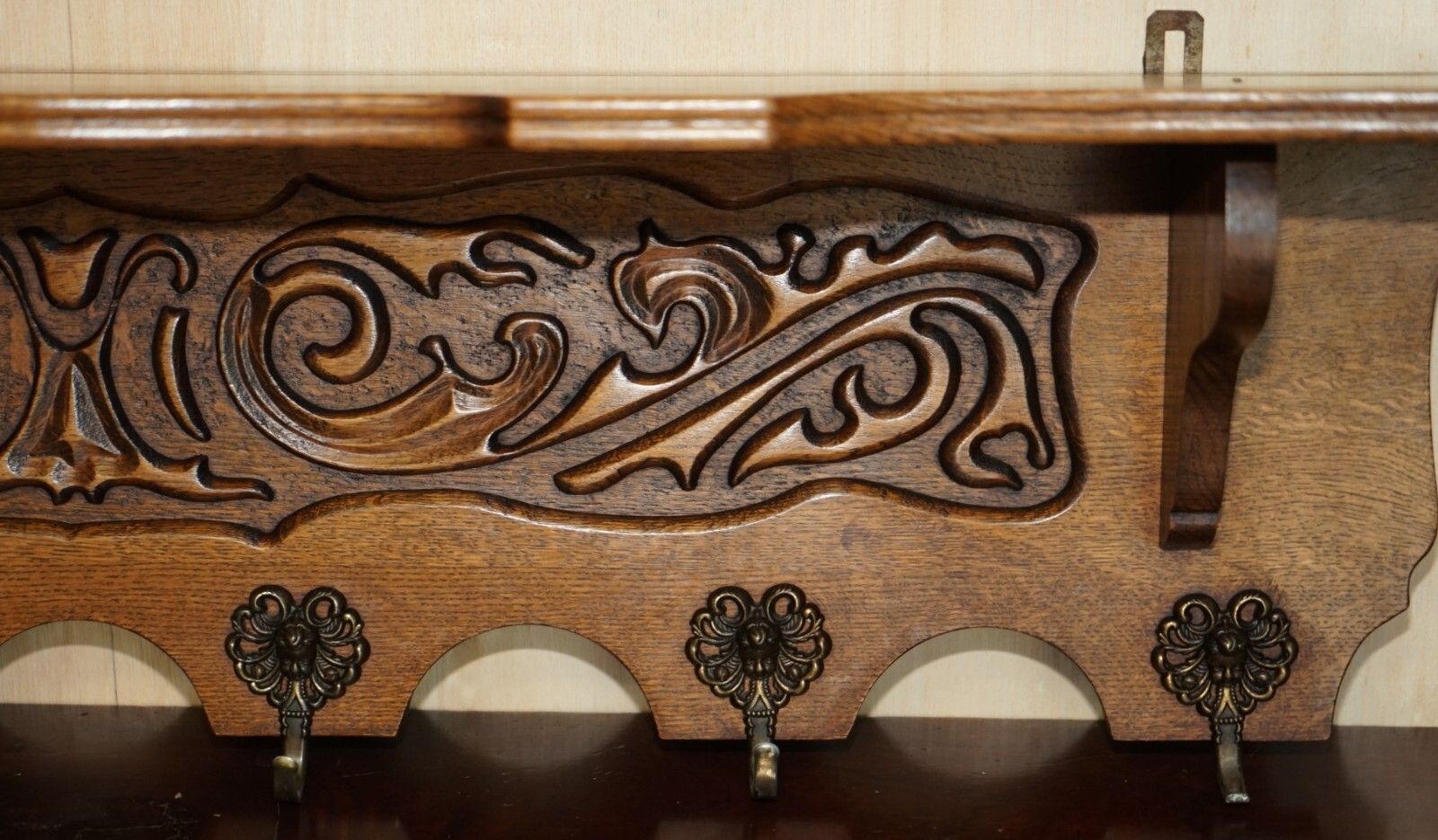 Antique Dutch Finely Carved Oak Coat Hat Scarf Wall Rack Hanger French Hooks photo 1350.0
