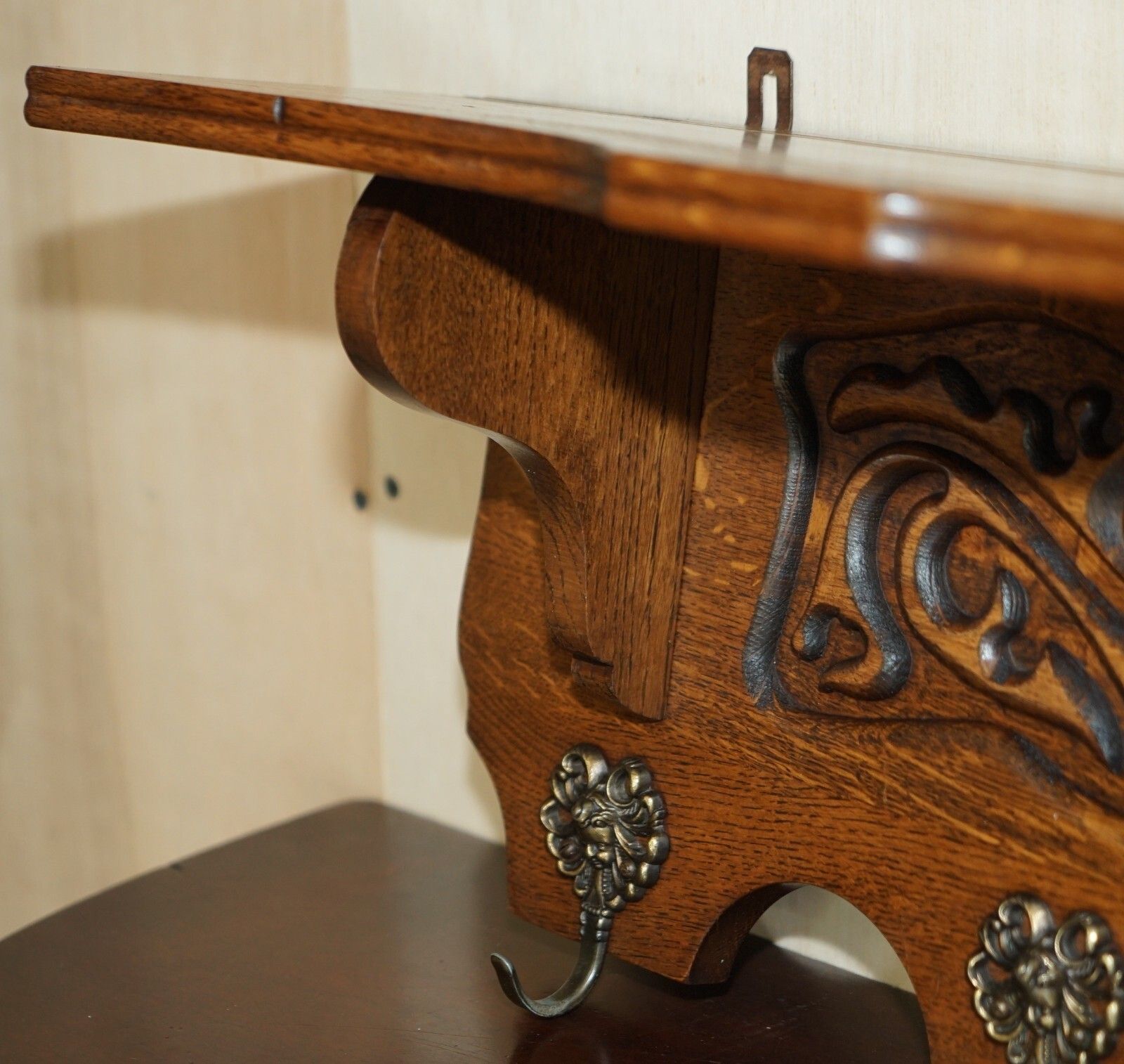 Antique Dutch Finely Carved Oak Coat Hat Scarf Wall Rack Hanger French Hooks photo vinterior