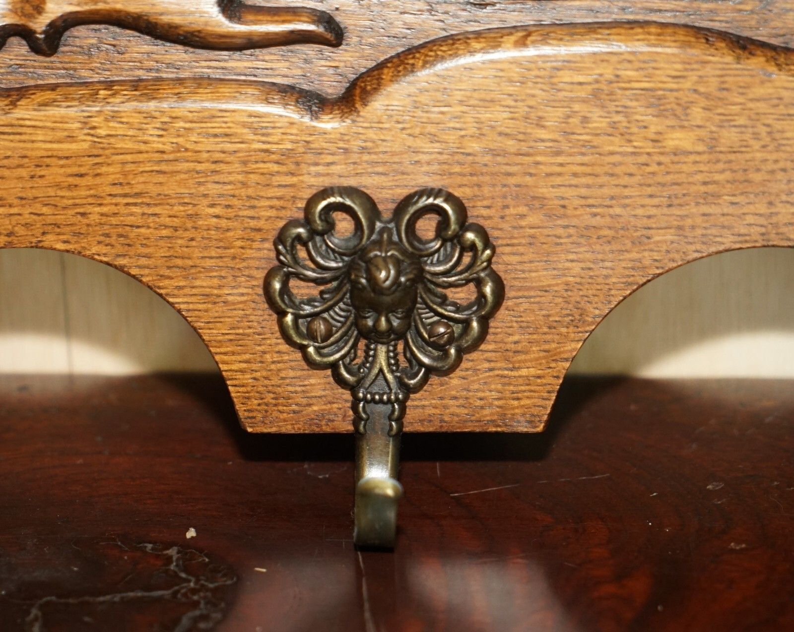 Antique Dutch Finely Carved Oak Coat Hat Scarf Wall Rack Hanger French Hooks photo buy