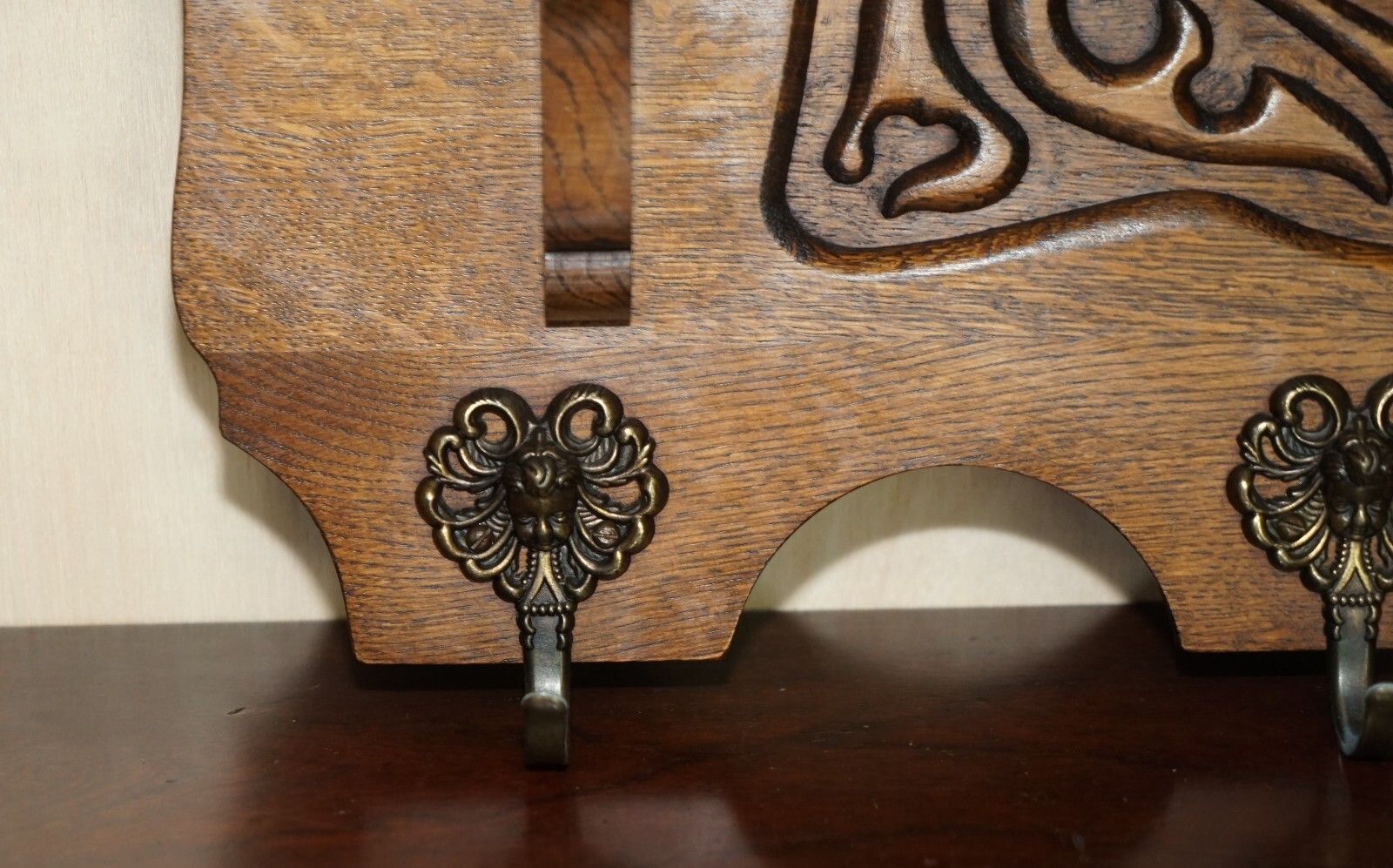 photo for sale Antique Dutch Finely Carved Oak Coat Hat Scarf Wall Rack Hanger French Hooks