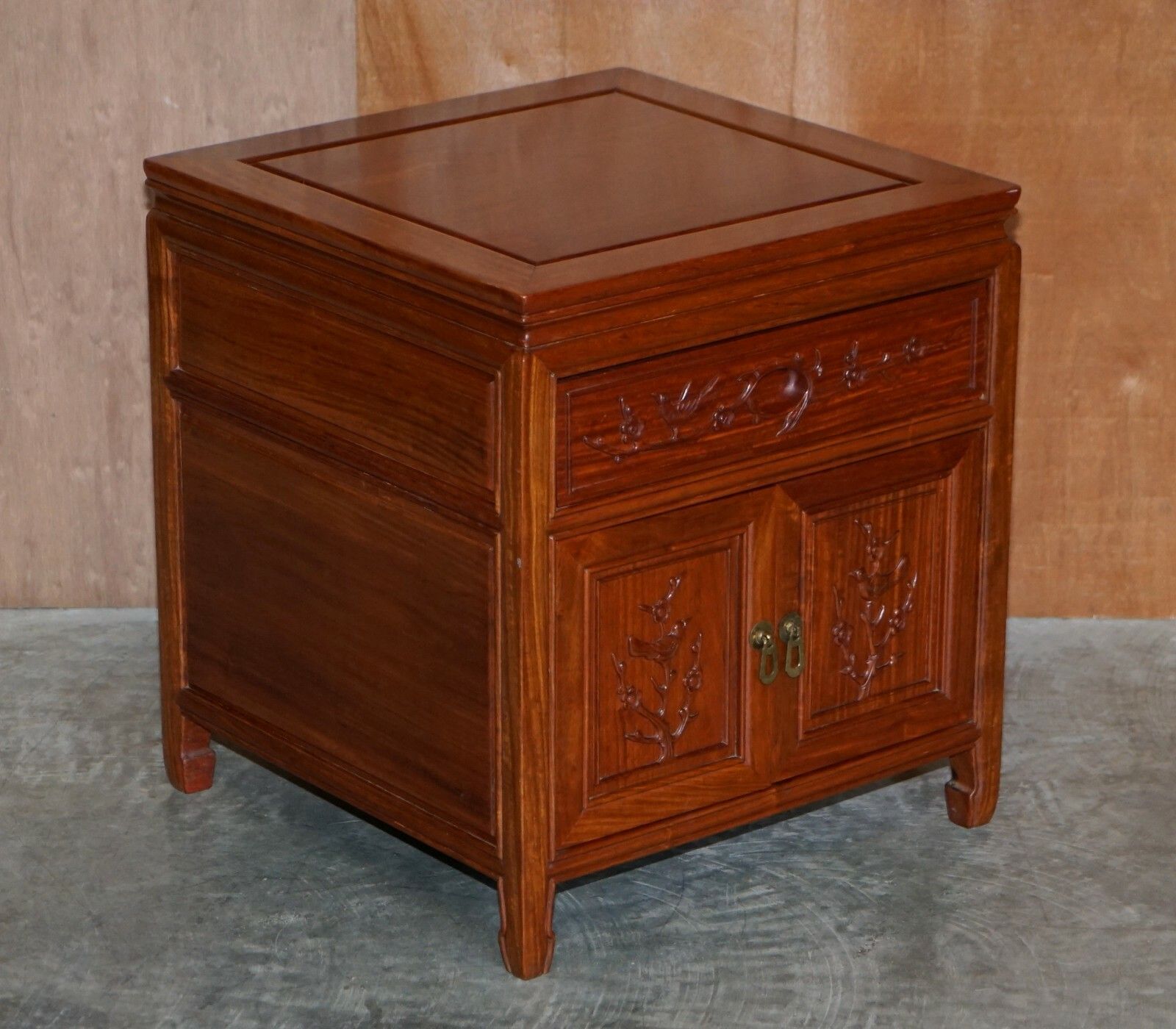 Pair Of Oriental Teak Side End Lamp Wine Tables Drawers With Birds & Flowers photo furniture