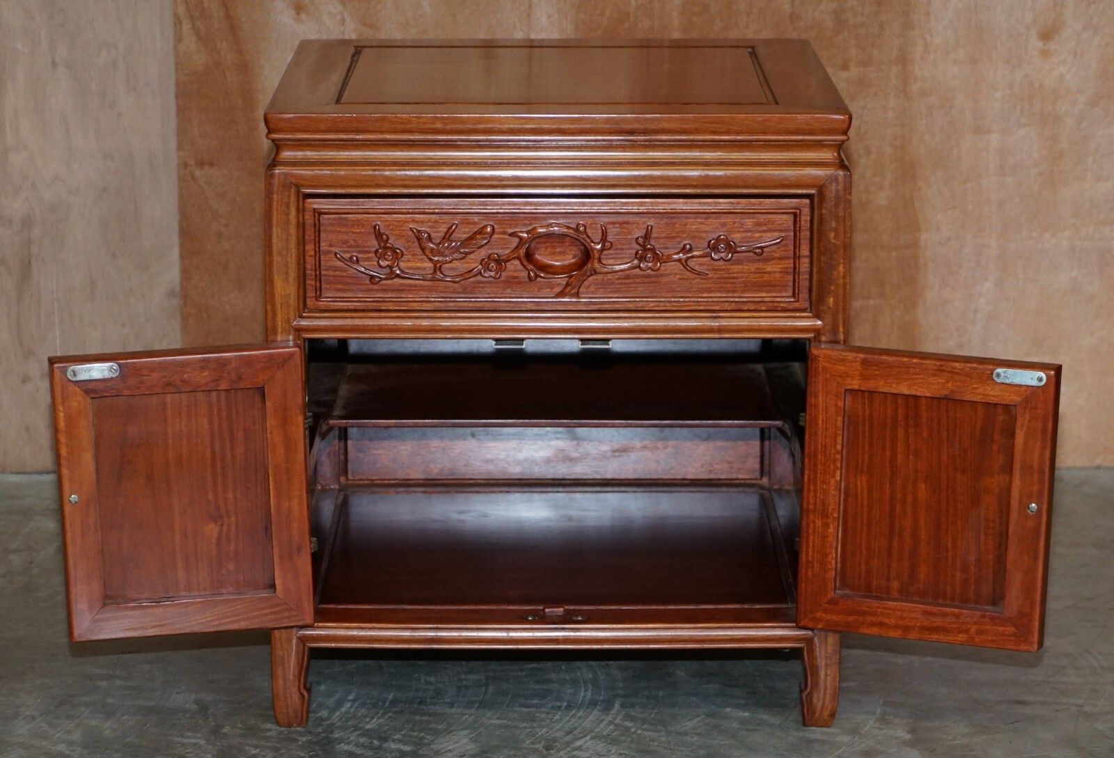 photo furniture Pair Of Oriental Teak Side End Lamp Wine Tables Drawers With Birds & Flowers