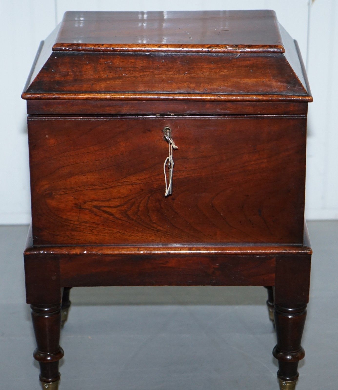 Very Rare Regency Mahogany Cellarette Of Sarcophagus Form Raised On Turned Legs photo 1350.0