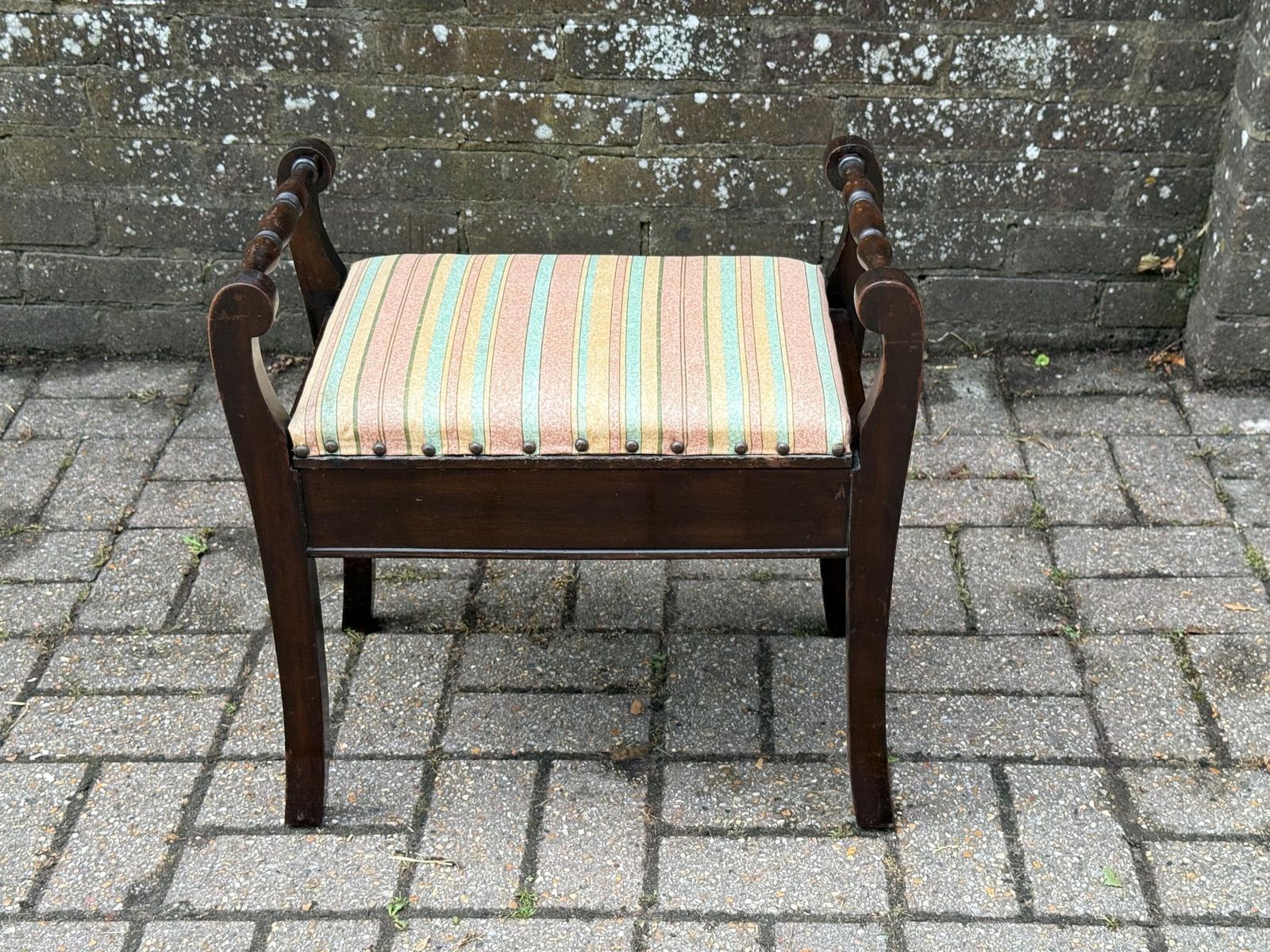 Vintage Wooden Storage Stool – Regency Revival Style With Striped Upholstered Seat – Decorative Lift Top Sewing Box Seat photo furniture