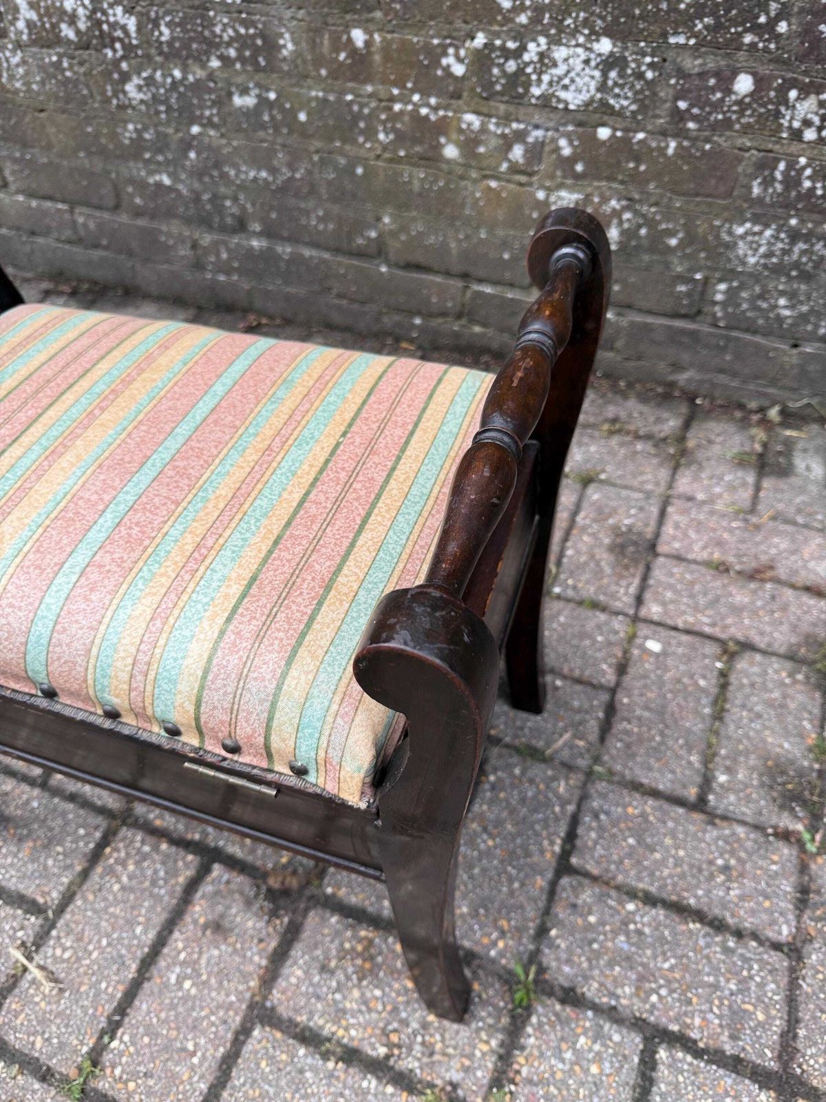 Vintage Wooden Storage Stool – Regency Revival Style With Striped Upholstered Seat – Decorative Lift Top Sewing Box Seat photo for sale