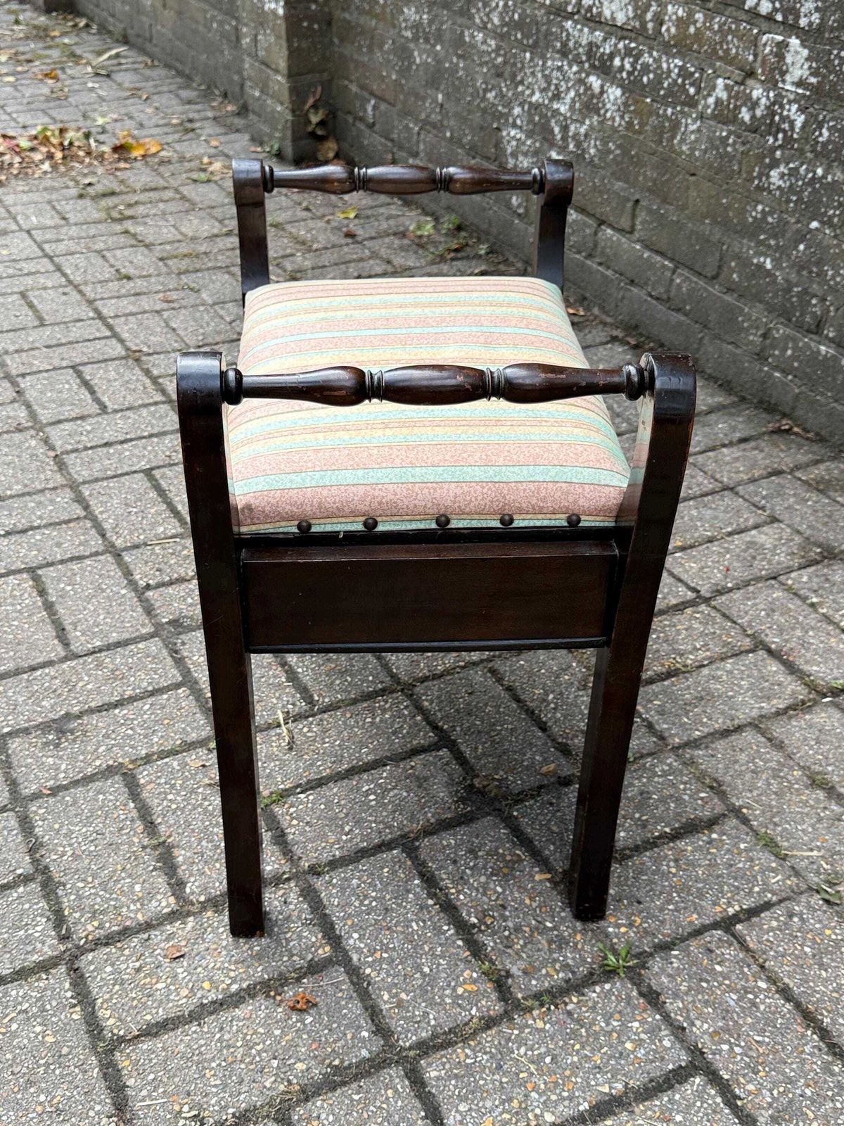 Vintage Wooden Storage Stool – Regency Revival Style With Striped Upholstered Seat – Decorative Lift Top Sewing Box Seat photo buy