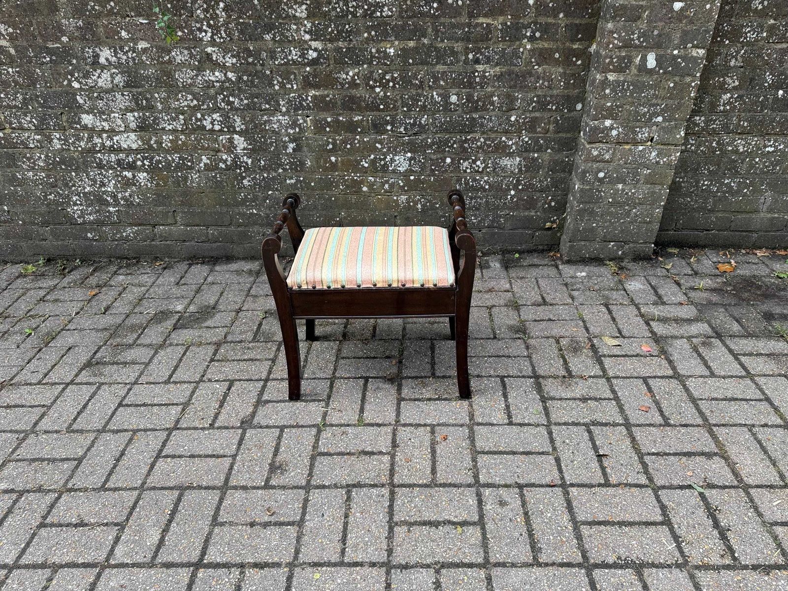photo furniture Vintage Wooden Storage Stool – Regency Revival Style With Striped Upholstered Seat – Decorative Lift Top Sewing Box Seat