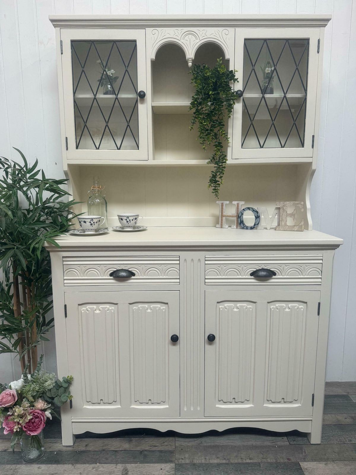 Available Lovely Professionally Upcycled Painted Vintage Welsh Dresser In Fusion Raw Silk Cream/Off White