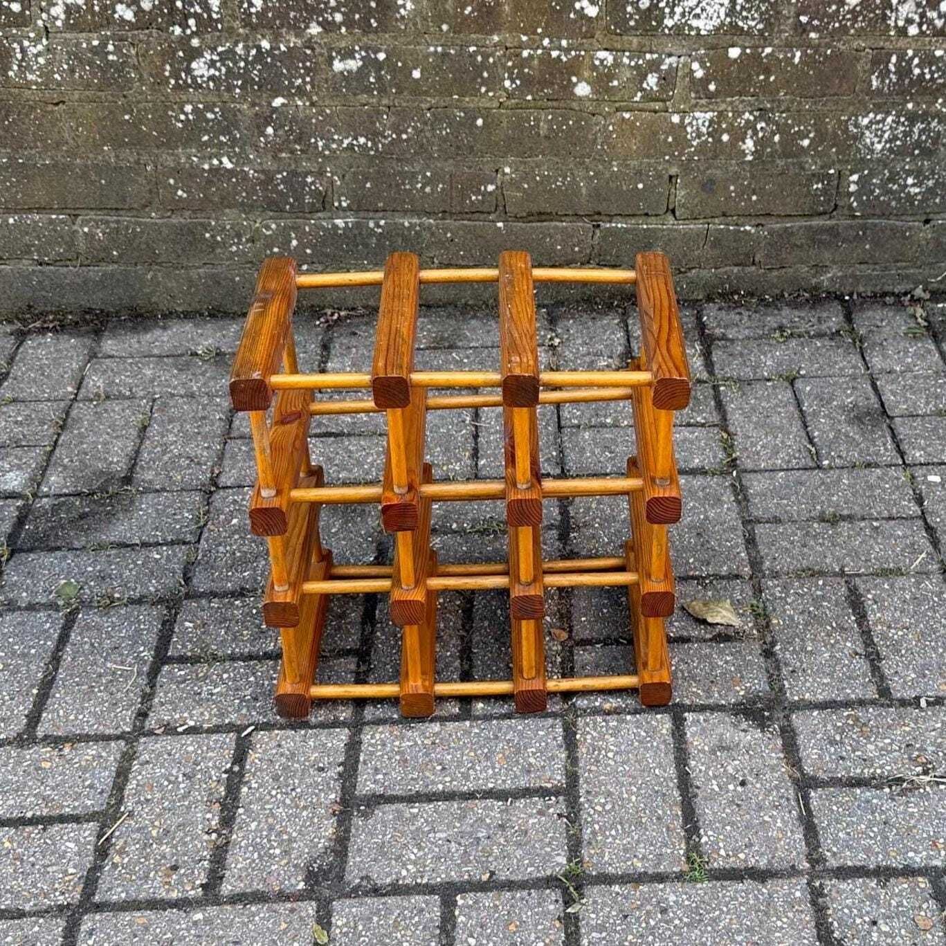 Vintage 1970s Pine Wine Rack – Rustic 9 Bottle Wooden Storage Holder – Retro Mid Century Kitchen Or Home Bar Decor