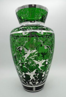 Large Venetian Emerald Green Glass Vase With Silver Overlay Decorations, 1930s photo furniture