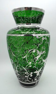 Large Venetian Emerald Green Glass Vase With Silver Overlay Decorations, 1930s photo for sale