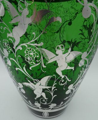 1027.0 Large Venetian Emerald Green Glass Vase With Silver Overlay Decorations, 1930s photo