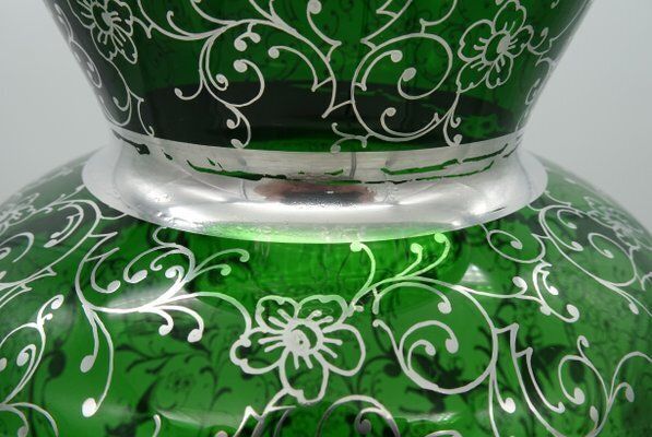 photo buy Large Venetian Emerald Green Glass Vase With Silver Overlay Decorations, 1930s
