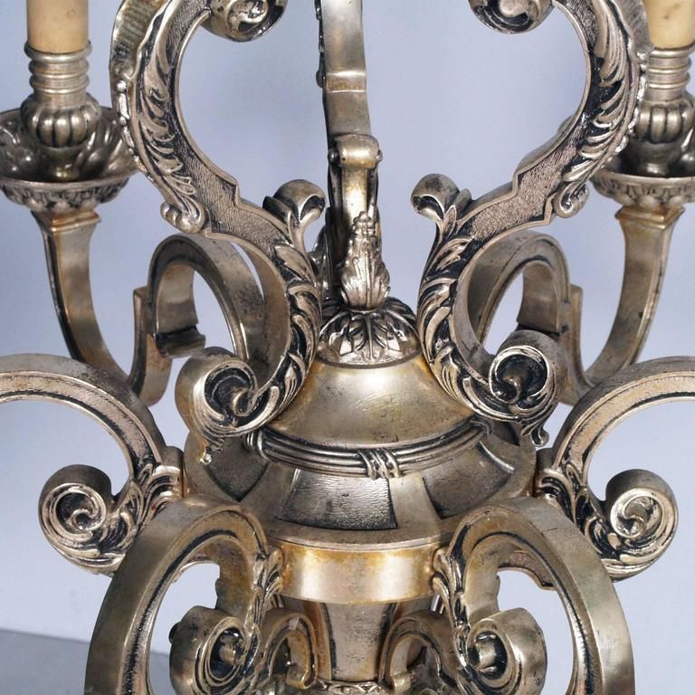 Antique Six Lights Silver Plated Heavy Bronze Chandelier Baroque Louis XIV, 1890 photo buy