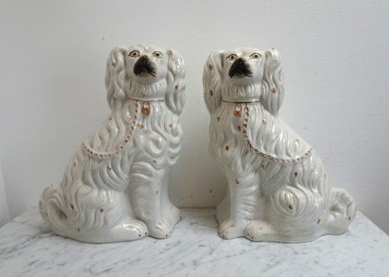 Large Ceramic Staffordshire Mantle Dogs, 1850s, Set Of 2 photo for sale
