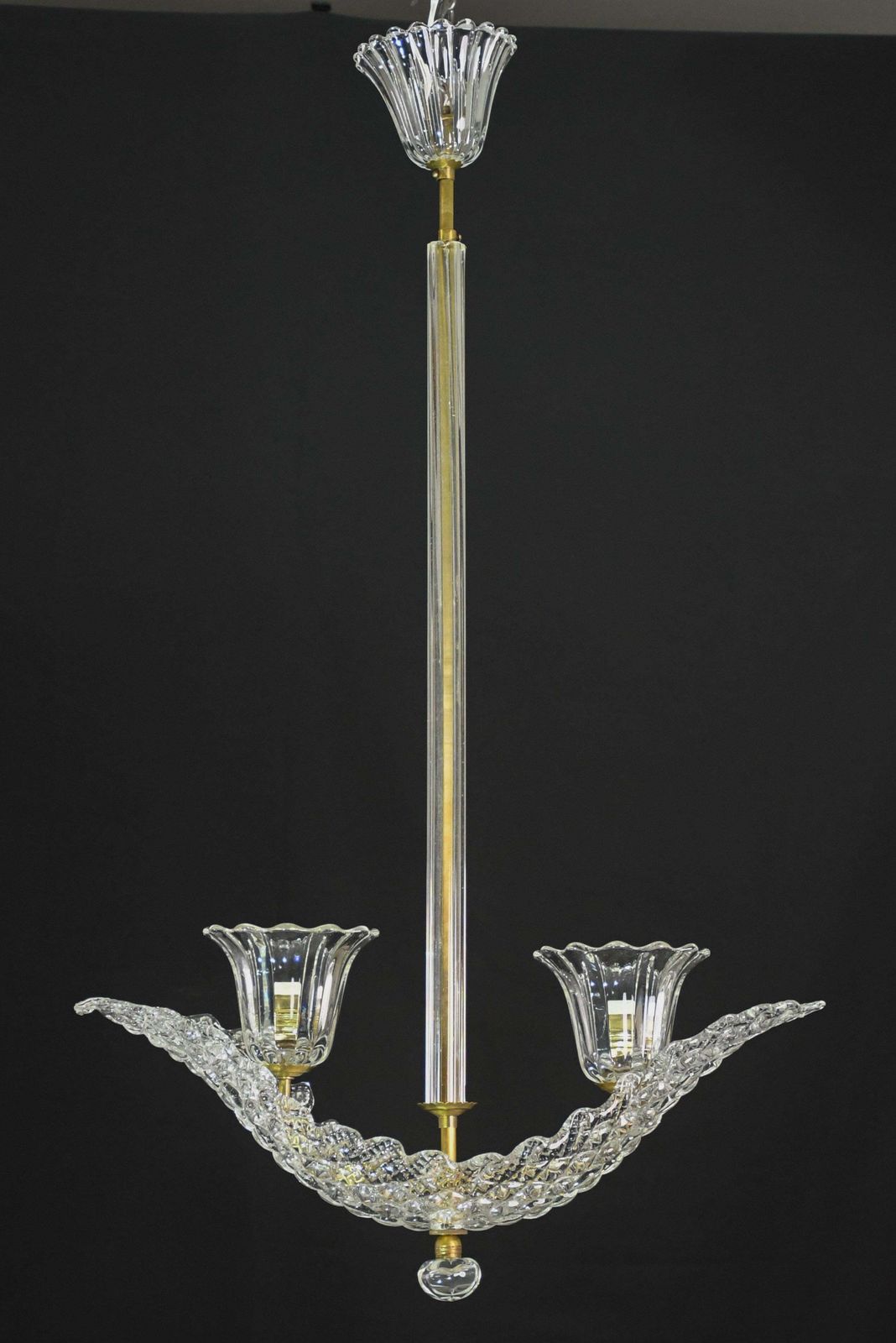 Elegant 2 Cup Barovier Art Deco Chandelier, Murano Glass, Brass Structure 1940s photo furniture