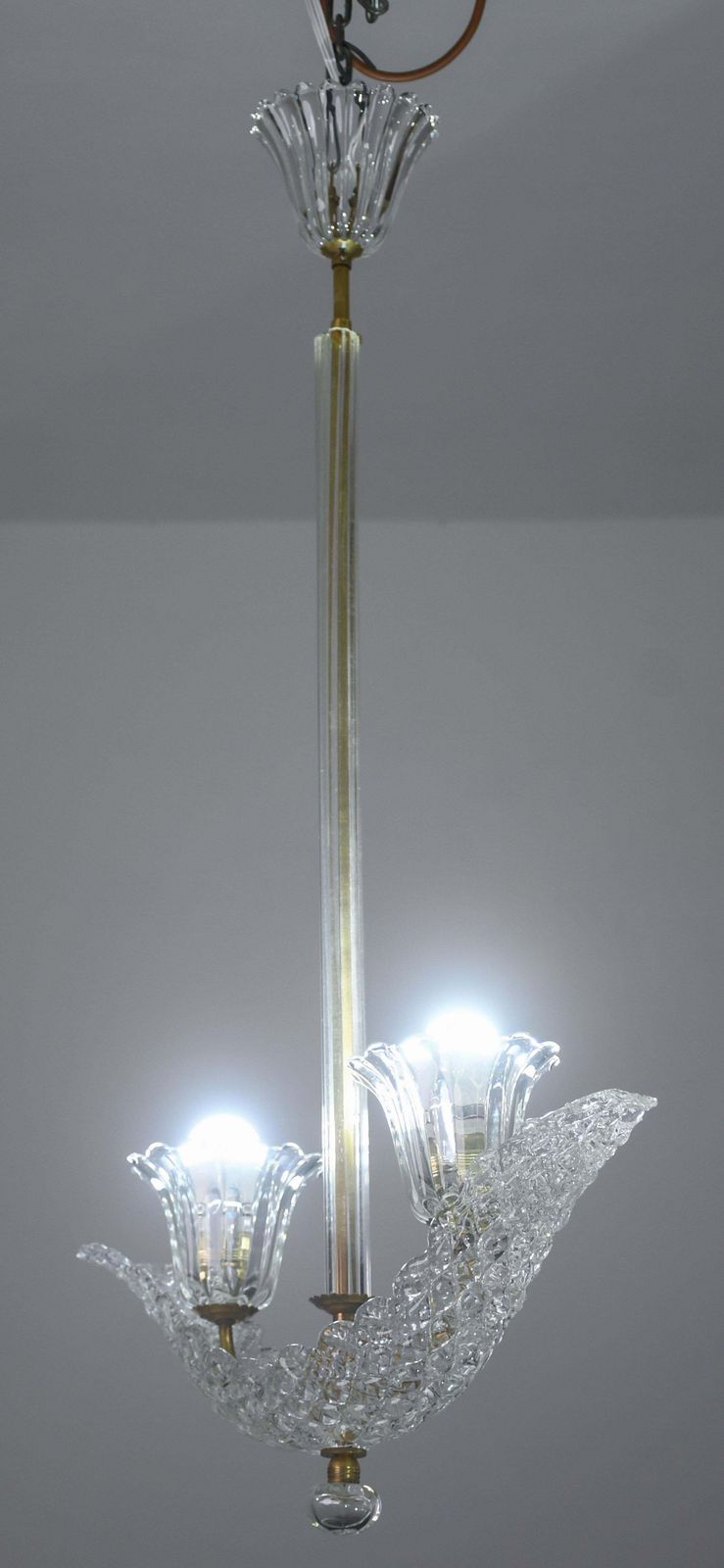 Elegant 2 Cup Barovier Art Deco Chandelier, Murano Glass, Brass Structure 1940s photo for sale