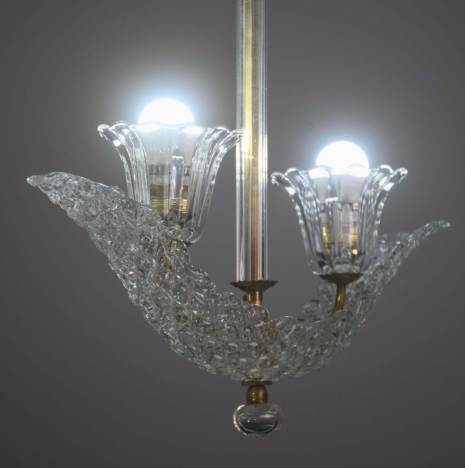 Elegant 2 Cup Barovier Art Deco Chandelier, Murano Glass, Brass Structure 1940s photo 2210.0