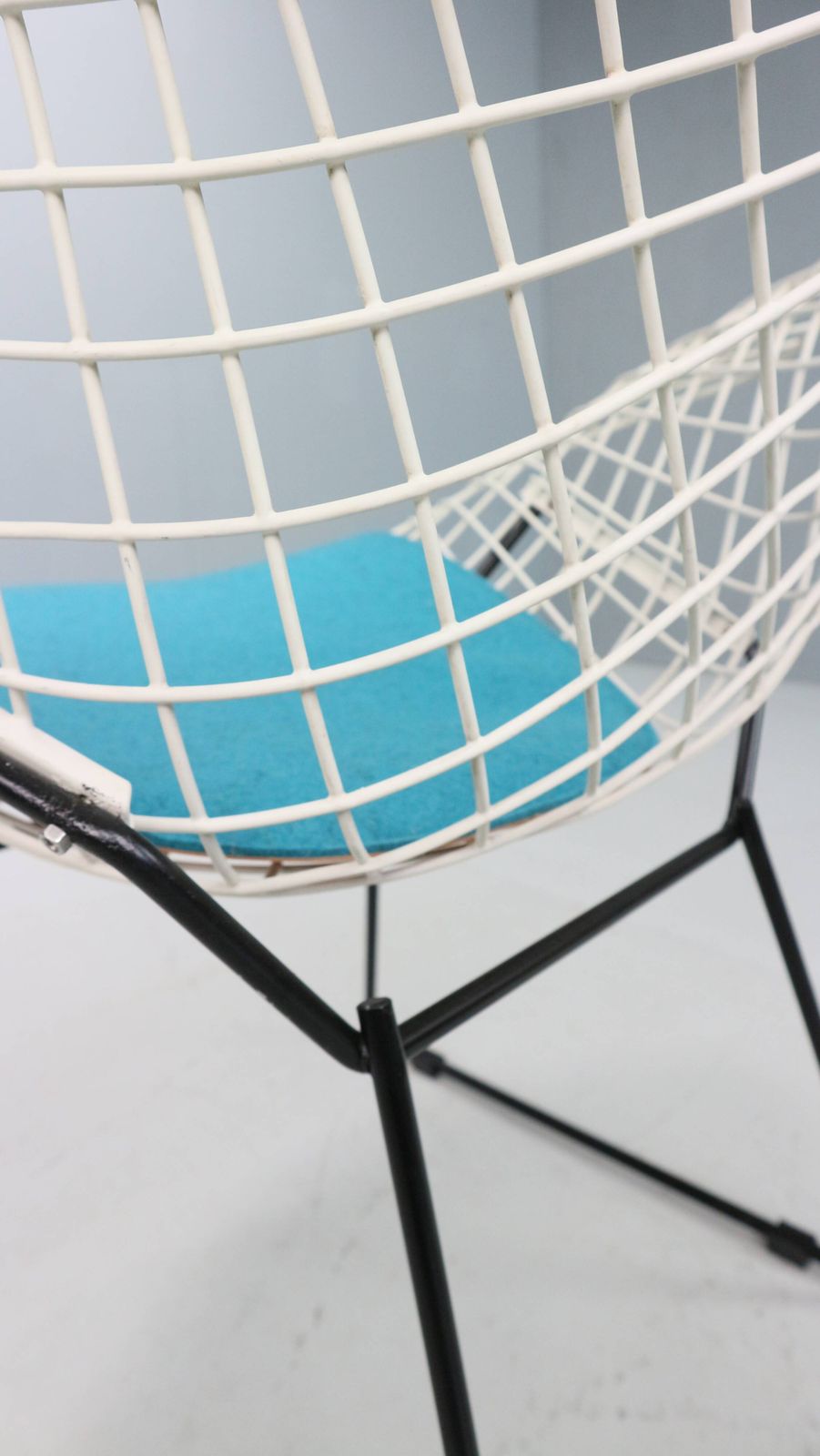 Diamond Chair By Harry Bertoia In White & Black Metal And New Blue Seating photo for sale