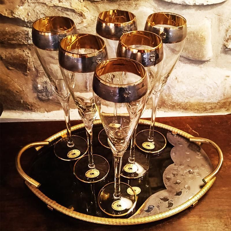 Vintage Stunning Set With 6 Glasses And A Tray In Murano Glass With Hand Decorated 24k Gold Finishes By Gn Murano.