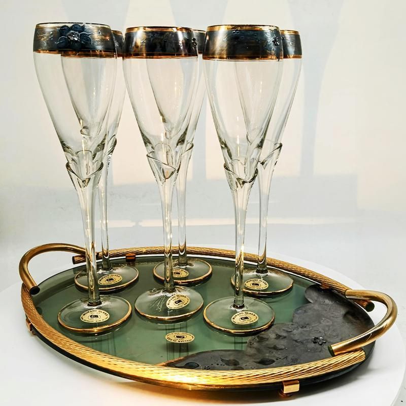 Vintage Stunning Set With 6 Glasses And A Tray In Murano Glass With Hand Decorated 24k Gold Finishes By Gn Murano. photo furniture
