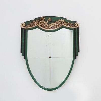 Art Deco French Mirror In Green Carved Wood, 1930s