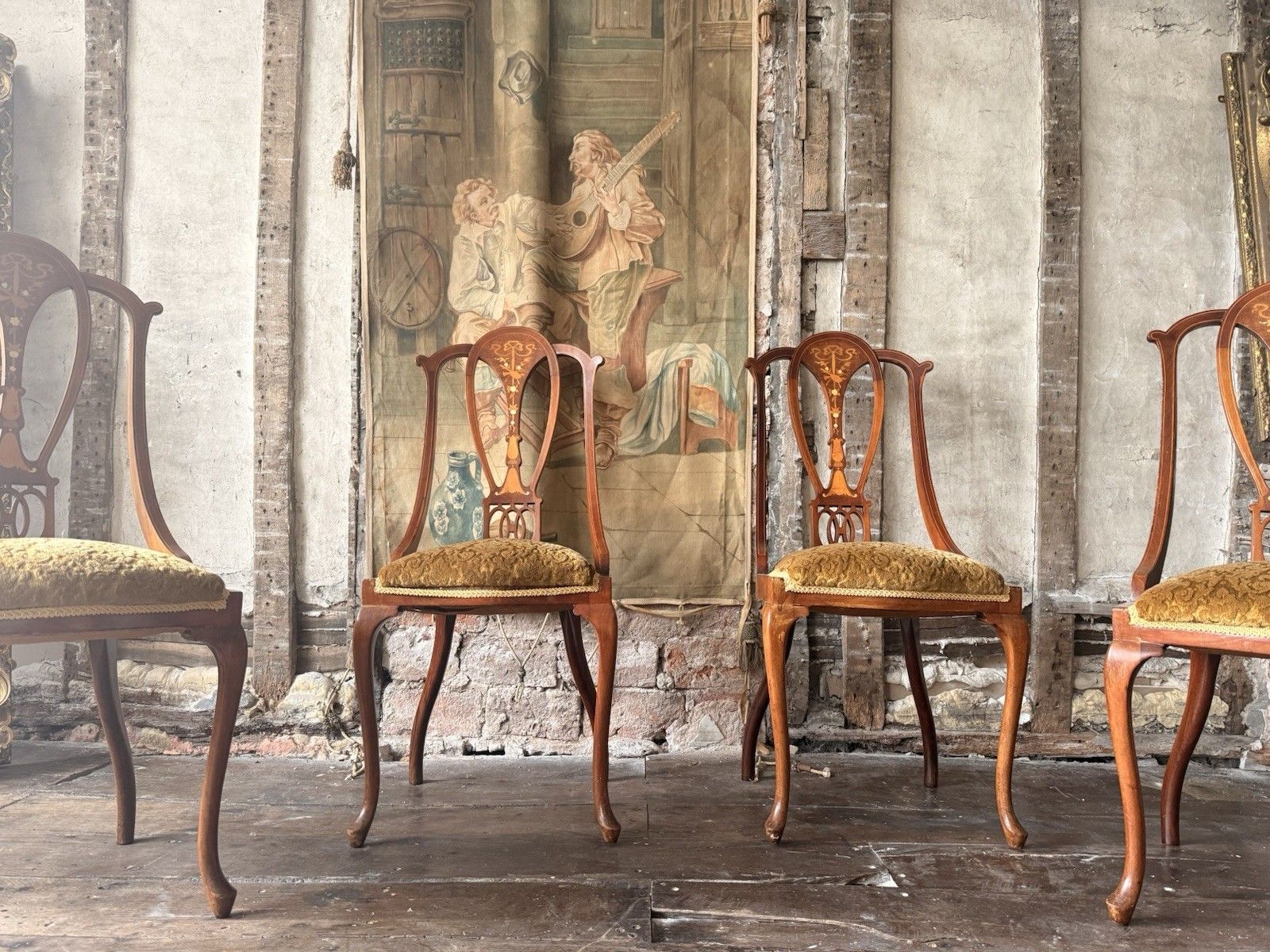 Quality Antique Set 4 Edwardian Rich Gold  Inlaid Mahogany Dining Chairs C 1900 photo Furniture