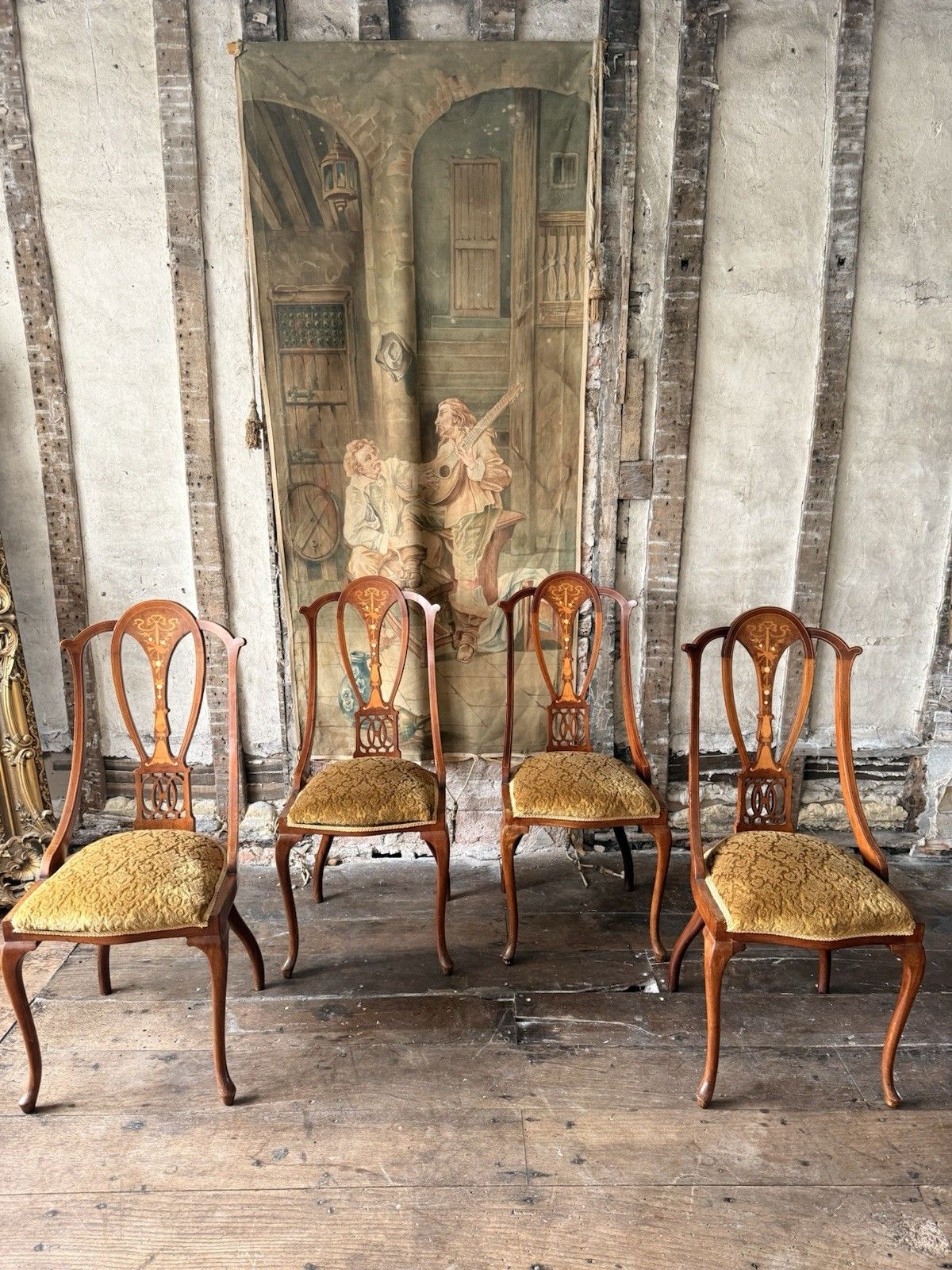 photo for sale Quality Antique Set 4 Edwardian Rich Gold  Inlaid Mahogany Dining Chairs C 1900