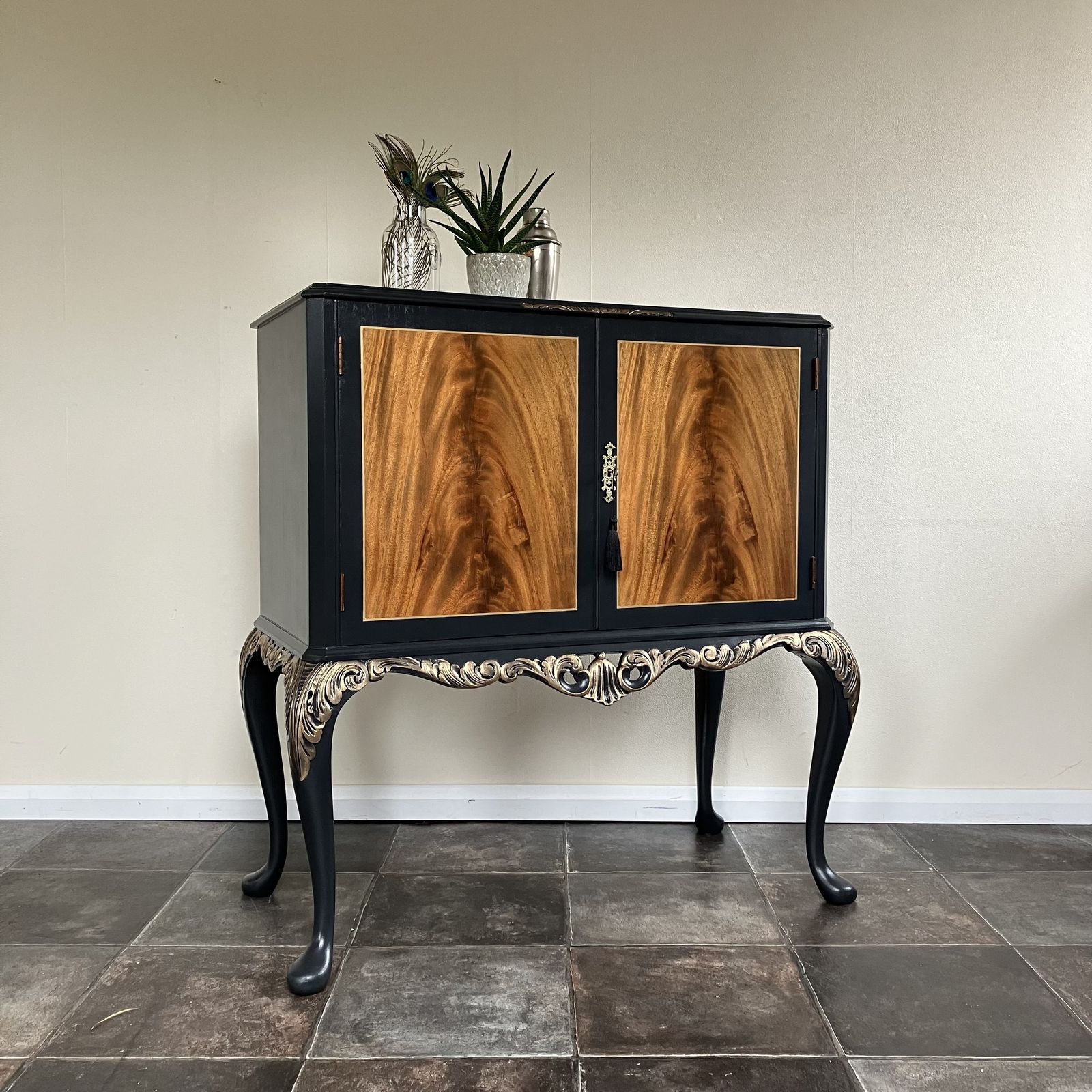 Vintage Painted Black Flame Mahogany Mirrored Cocktail  Cabinet On Carved Queen Anne Legs In Farrow And Ball Off Black