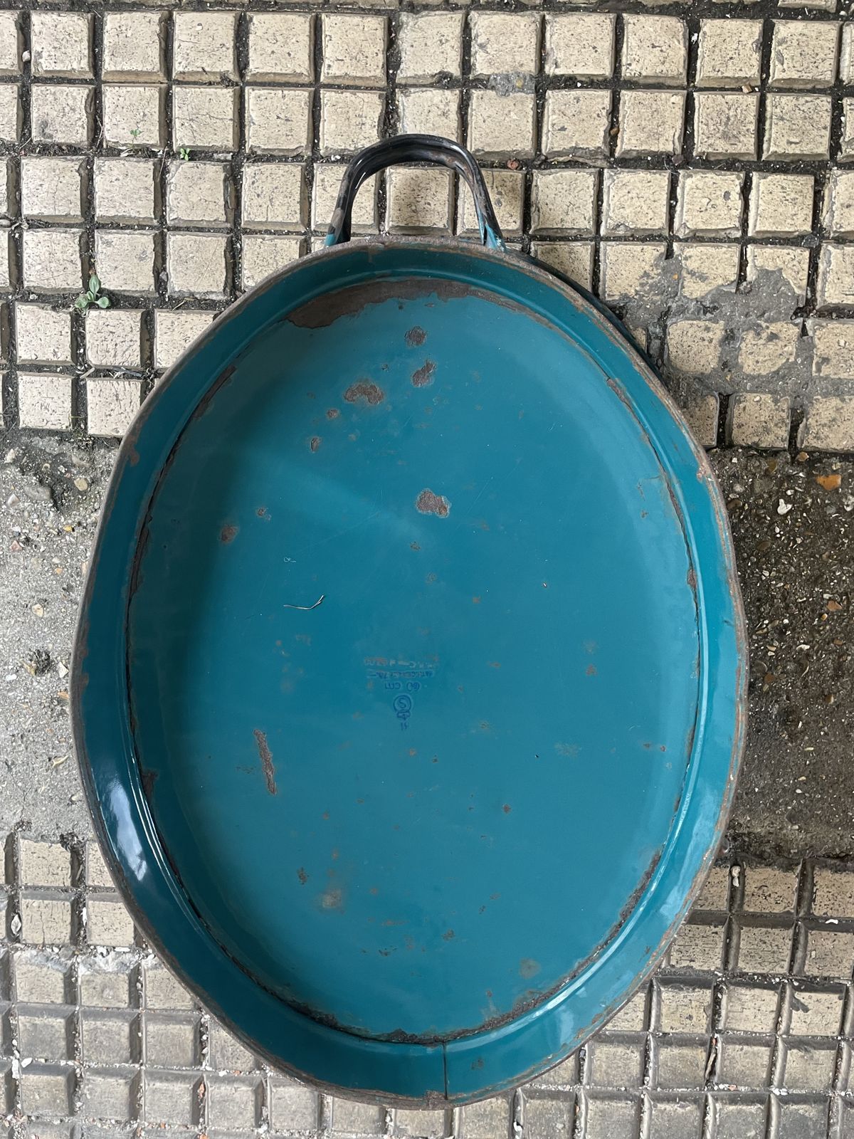 Vintage French  Blue Green Enamel Oval Bath photo for sale
