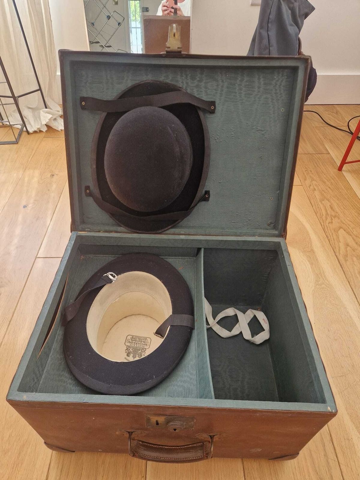photo for sale 1940s Hatbox (With Moleskin Top Hat And A Velvet Bowler Hat Inside)
