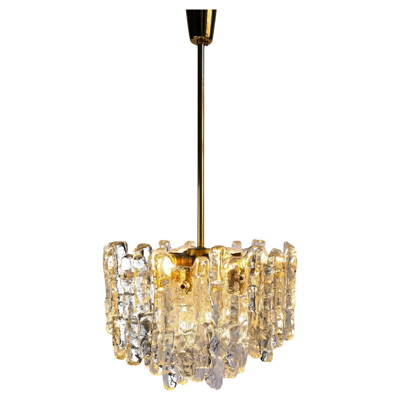 Mid Century Ice Glass & Brass Chandelier By J.T. Kalmar, Austria C.1970s